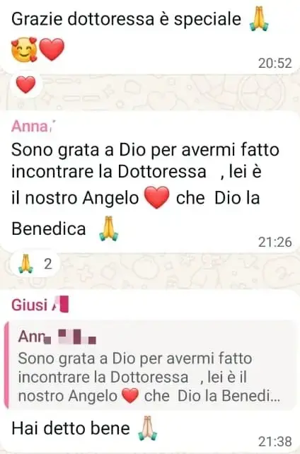 Testimonianza gratitudine psicologa gruppo WhatsApp pazienti Dottoressa Simona, definita angelo per il suo aiuto psicologico