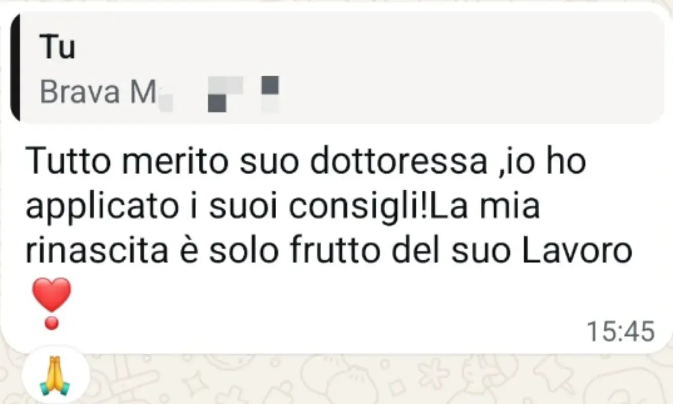 Testimonianza di rinascita personale grazie ai consigli e al percorso con la Dottoressa Simona Prosperi, con riconoscimento del valore del suo lavoro