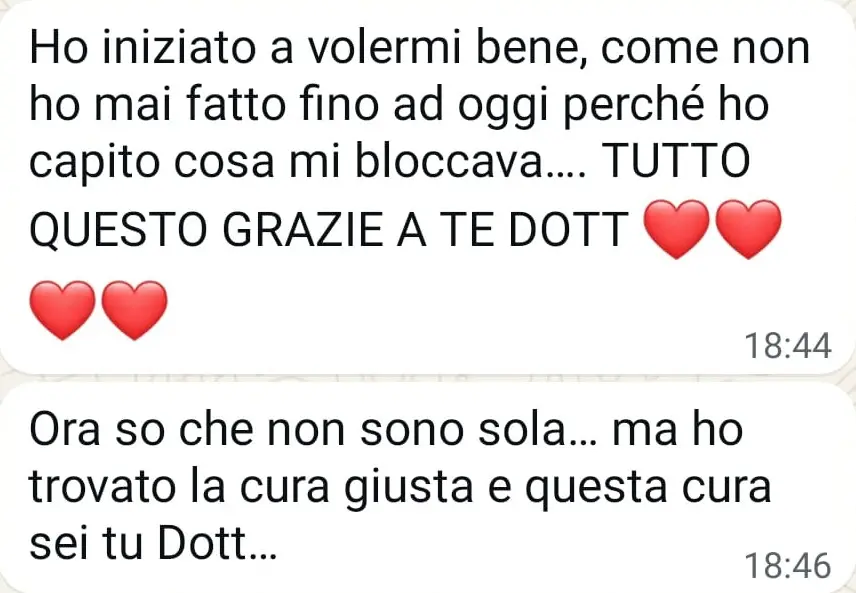 Testimonianza di una paziente che ha iniziato a volersi bene e di aver trovato nella Dottoressa Prosperi la cura giusta per superare i suoi blocchi interiori